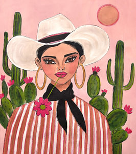 Desert Muse in Pink – Frauenporträt im Fashion-Stil mit Kakteen und Cowboyhut
