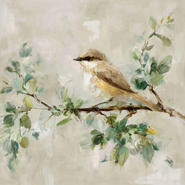 Petit oiseau parmi les feuilles vertes sur Lauren Wilde