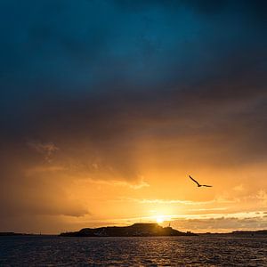 Île forteresse IJmuiden avec soleil couchant