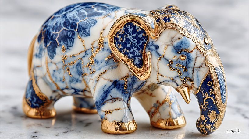 Elefant in Delfter Blau und Gold auf weißem Marmorgrund von Gelissen Artworks
