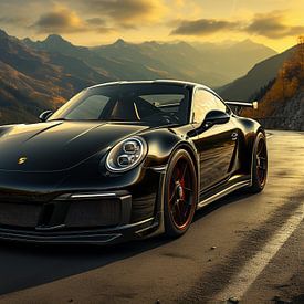 Zwarte Porsche in berglandschap_4 van Bianca Bakkenist