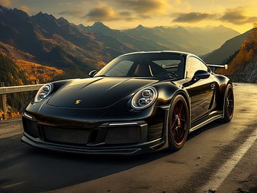 Zwarte Porsche in berglandschap_4 van Bianca Bakkenist
