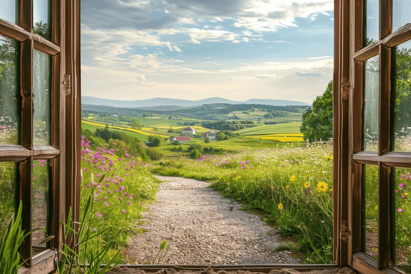 Vue par la fenêtre sur une idylle rurale par Poster Art Shop
