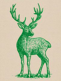 Green lino illustration of a graceful deer on warm textured paper by But First Framing