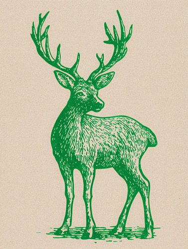 Illustration en lino vert d'un cerf gracieux sur papier texturé chaud