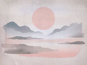 Japandi Landschaft mit Fluss und Gebirge Abstrakt Pastell