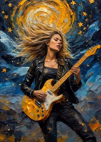 Vrouw speelt elektrische gitaar in abstracte sterrennacht