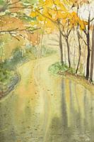 After the rain in autumn (watercolor painting season landscape trees road trip orange green forest