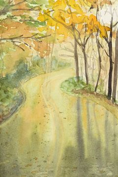 Nach dem Regen im Herbst (Aquarell Malerei Saison Landschaft Bäume Straße Straße Reise orange grün W von Natalie Bruns