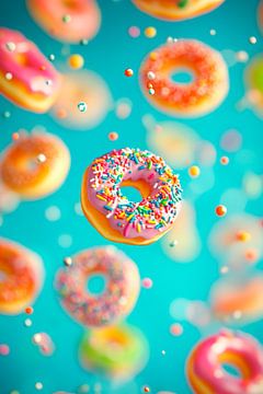 Kleurrijke donuts in zweefvlucht - vrolijk en lekker van Poster Art Shop