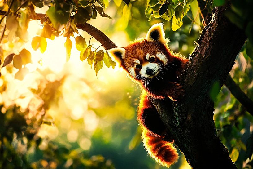 Schattige rode panda in boom van Art & Soul Creations