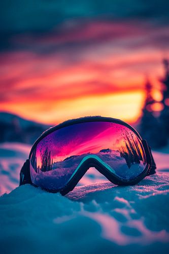 Skibril in de gloedvolle zonsondergang