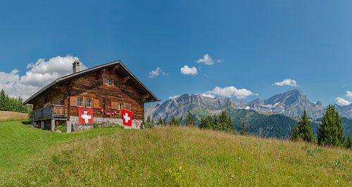 Berghut versierd met zwitserse vlaggen, Gryon, Canton Vaud, Zwitserland
