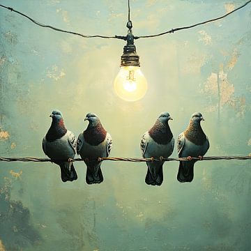 Atmosphärische Szene mit Tauben und einer Lampe von Vlindertuin-Art