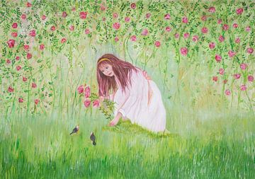 Kinderschilderij  meisje die rozen plukt.: Doornroosje van Anne-Marie Somers