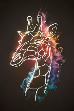 Girafe enveloppée d'une brume abstraite et colorée sur De Muurdecoratie
