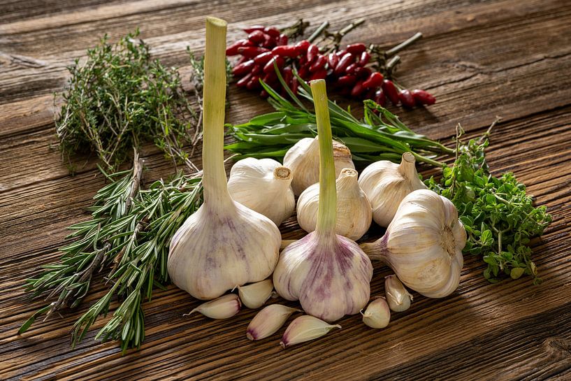 Mediterranean herbs: garlic, chilli and rosemary by Photo Art Thomas Klee