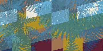 Colorful abstract botanical art. Fern leaves in blue on retro geometrics by Dina Dankers
