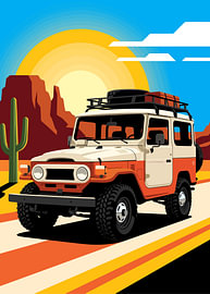 Land Cruiser 4x4 d'époque garé sur une route dans le désert, affiche de voyage rétro