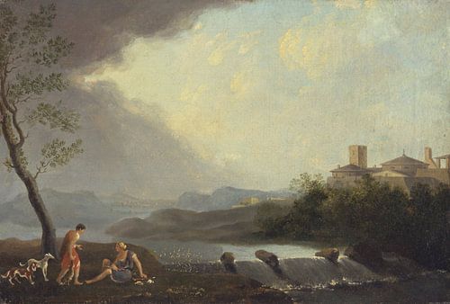 Een denkbeeldig Italianiserend landschap met klassieke figuren en een waterval, Thomas Jones