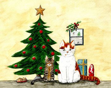 Cat carrot and kitten June in front of the fir tree by Sandra Steinke