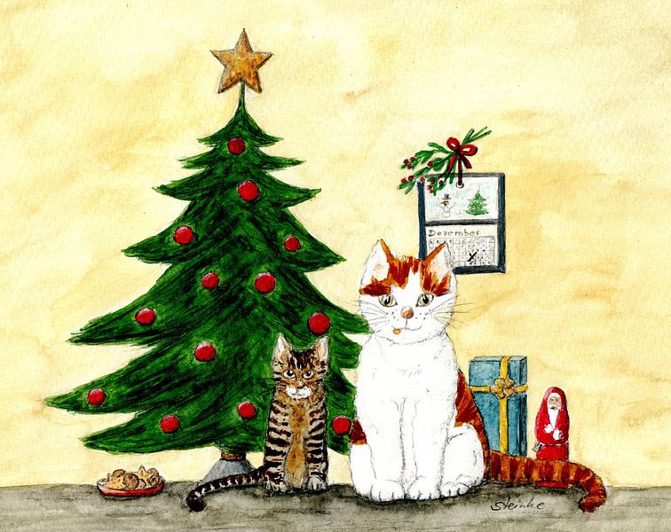 Kater Möhrchen und Kätzchen Juni vor dem Tannenbaum von Sandra Steinke