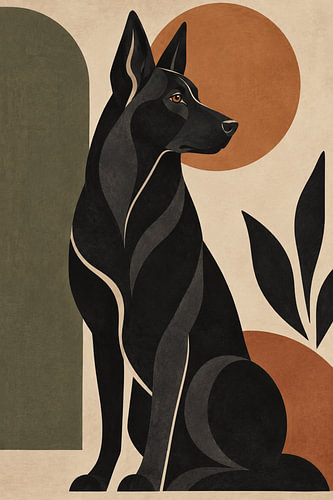 Schwarzer Deutscher Schäferhund – Abstraktes geometrisches Porträt | Terrakotta, Oliv & Erdtöne