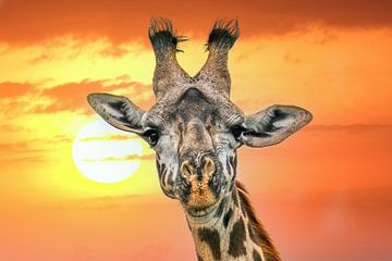 Giraffenportret tegen zonsondergang van pixxelmixx