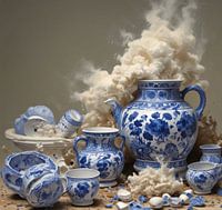Delft blue teapot steaming and crockery art.