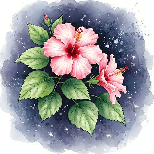 Dreamy watercolor of pink hibiscus blossoms and lush green leaves evokes tropical beauty.  Artistic floral design.