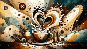 Koffiekopje in een kosmische dans van kleuren van artefacti