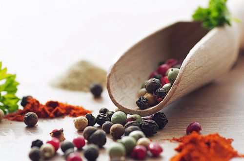 Colourful pepper and spices - kitchen still life by Tanja Riedel