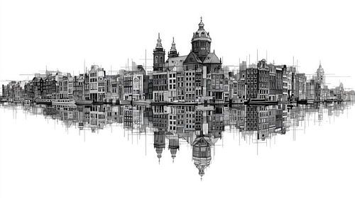 Black and white Amsterdam architecture mirrored