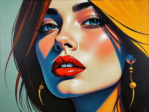 Kleurrijk portret van een jonge vrouw met rode lippen