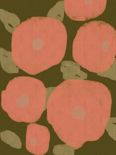 Zachtroze bloemen op warm groen. Abstracte botanische gemengde techniek.