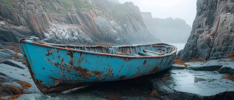 Verwaistes Boot am Strand – Nebelstimmung von Poster Art Shop