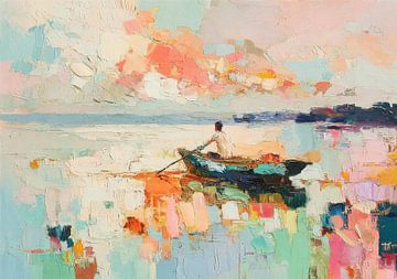 Un homme rame sur l'eau bleue