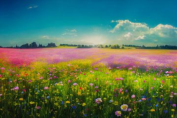 Bloemenveld en zonsondergang, illustratie van Animaflora PicsStock