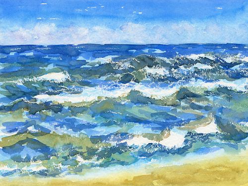 Blauwe zeegolven aquarel muurschildering