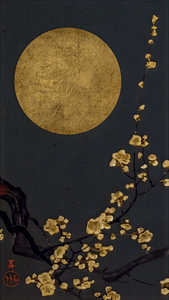 Traditioneller japanischer Holzschnitt: Blühende Kirschblüten bei Vollmond in Dunkelanthrazit
