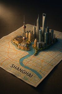 Diorama de la carte de Shanghai en 3D - Miniature Pudong Skyline Art Print