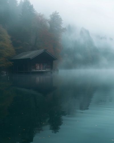 Meer in de herfstmist