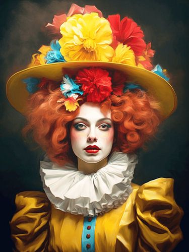 Portret vrouw circus kostuum hoed barok elegantie kleurrijkheid