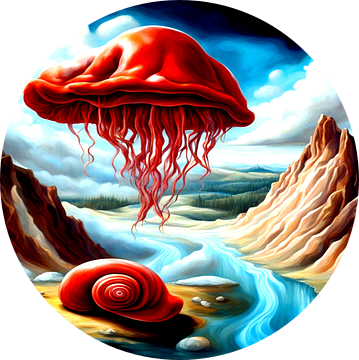 Rode medusa zweeft over een grote slak van Quinta Mandala