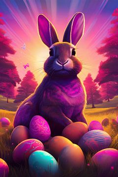 Osterhase mit bunten Ostereiern im Gras mit Birkenbäumen von Jörg B. Schubert