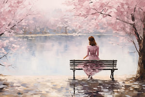Gemälde einer Frau, die auf einer Parkbank mit Teich sitzt, im Stil impressionistischer Leichtigkeit, hellrosa, Kirschblüten im Frühling