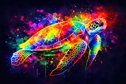 Kleurrijke zeeschildpad in neon-splatter-stijl – Abstract onderwater schilderij