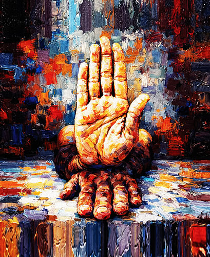 „Reflected Hand“ – Abstraktes, symbolisches Gemälde zur Dualität