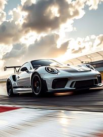 Porsche 911 GT3 RS Wit rijdt te hard op bewolkt circuit
