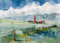 Eierland Vuurtoren vanuit de duinen van Texel | Handgemaakte Aquarel Schilderij